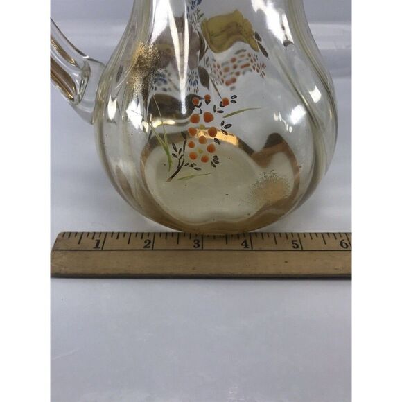 VTG Floral Painted Yellow Glass Pitcher Gold Trim 7.25" - Picture 11 of 12
